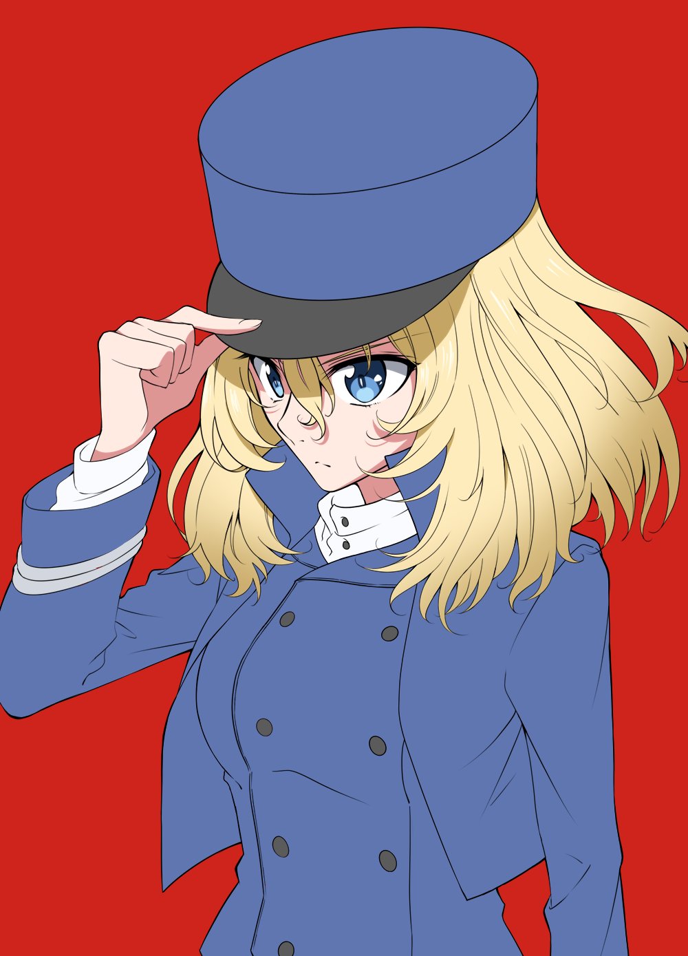 1girl adjusting_clothes adjusting_hat bangs bc_freedom_military_uniform blonde_hair blue_eyes blue_headwear blue_jacket blue_vest closed_mouth commentary dress_shirt eyebrows_visible_through_hair girls_und_panzer hat high_collar highres jacket kepi light_frown long_sleeves looking_to_the_side medium_hair messy_hair military military_hat military_uniform nakaba_neteru oshida_(girls_und_panzer) red_background shirt simple_background solo uniform upper_body vest white_shirt