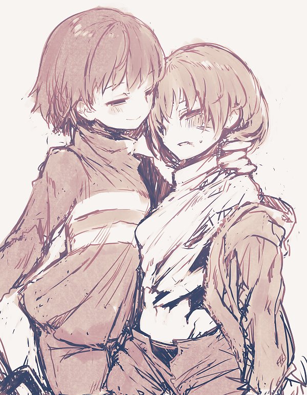 2others androgynous blush chara_(undertale) closed_mouth frisk_(undertale) greyscale groin monochrome multiple_others oshiruko_(tsume) shirt short_hair smile storyshift storyswap striped striped_shirt striped_sweater sweater undertale underwear