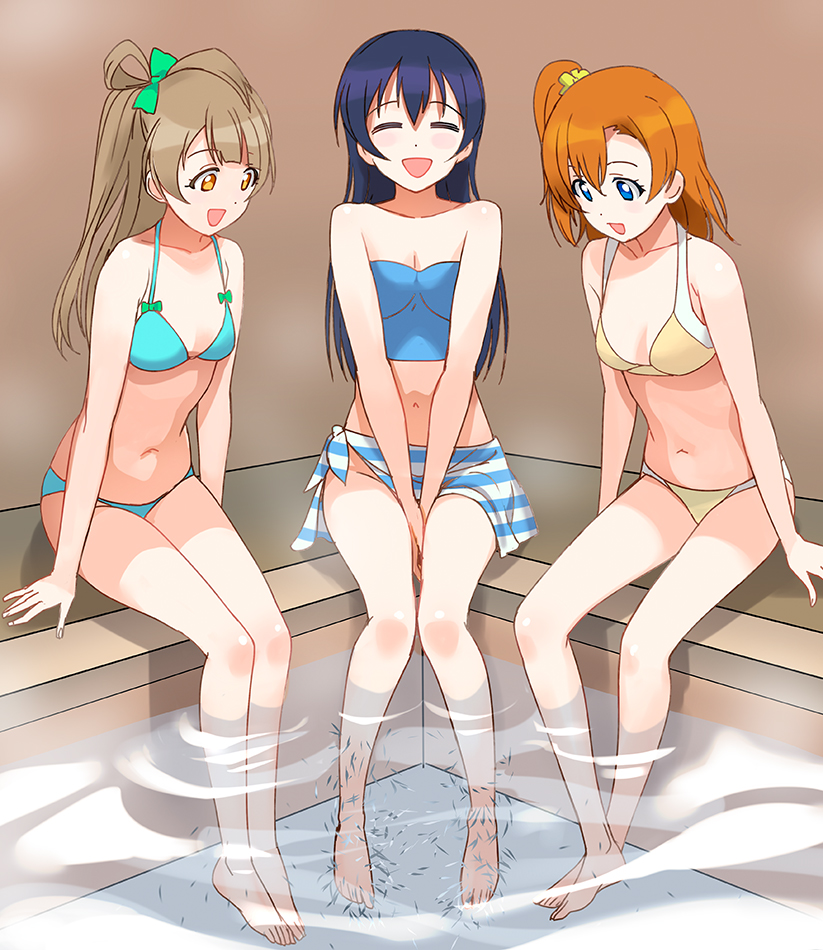 3girls a1 beige_bikini bikini blue_bikini blue_eyes blue_hair breasts brown_eyes brown_hair closed_eyes commentary_request feet fish green_bikini kousaka_honoka long_hair looking_down love_live! love_live!_school_idol_project minami_kotori multiple_girls one_side_up orange_hair sarong short_hair sitting small_breasts smile soaking_feet sonoda_umi swimsuit