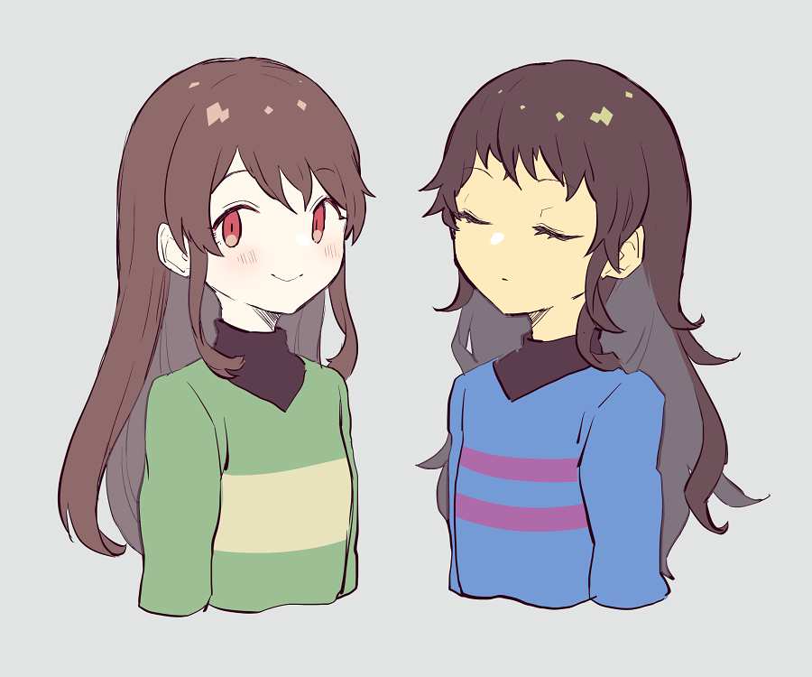 androgynous blush brown_hair chara_(undertale) closed_eyes closed_mouth frisk_(undertale) long_hair looking_at_viewer multiple_girls oshiruko_(tsume) red_eyes shirt simple_background smile striped striped_shirt striped_sweater sweater undertale