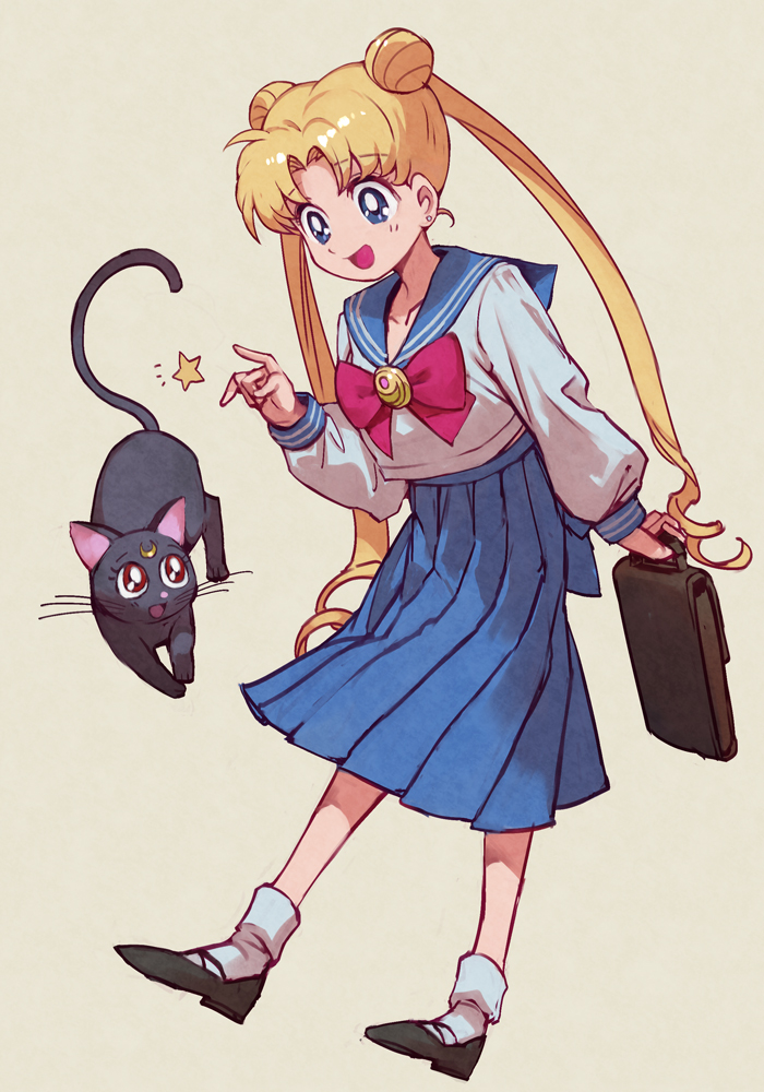 1girl bag bishoujo_senshi_sailor_moon black_cat black_footwear blonde_hair blue_eyes blue_sailor_collar blue_skirt bow brooch cat collarbone crescent double_bun earrings eyebrows_visible_through_hair full_body hankuri index_finger_raised jewelry juuban_middle_school_uniform long_hair long_skirt luna_(sailor_moon) mary_janes open_mouth pleated_skirt red_bow sailor_collar school_bag school_uniform serafuku shirt shoes simple_background skirt socks standing star tsukino_usagi twintails uniform very_long_hair white_legwear white_shirt