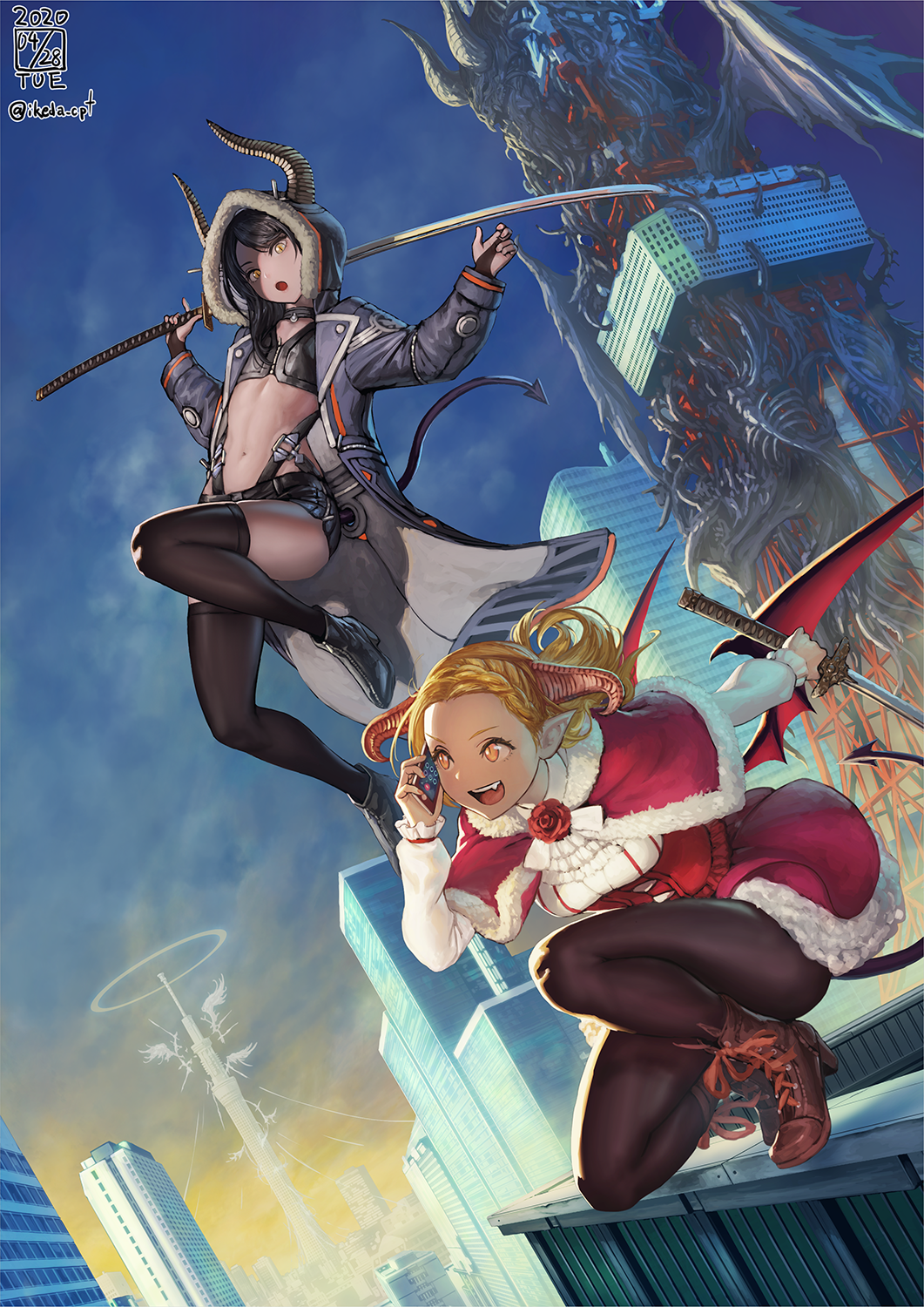 2girls :d :o arms_up black_hair black_legwear black_shirt black_shorts blonde_hair boots breasts building capelet choker coat crop_top day demon_horns demon_tail demon_wings dutch_angle fang fantasy flat_chest fur-trimmed_capelet fur_trim highres holding holding_sword holding_weapon hooded_coat horns ikeda_(cpt) katana long_hair long_sleeves looking_at_viewer looking_away medium_breasts midriff multiple_girls navel open_clothes open_coat open_mouth orange_eyes original outdoors pantyhose phone pointy_ears red_skirt shirt shoes short_shorts shorts skirt sky slit_pupils smile stomach sword tail thigh-highs thighs tower underbust weapon wings yellow_eyes