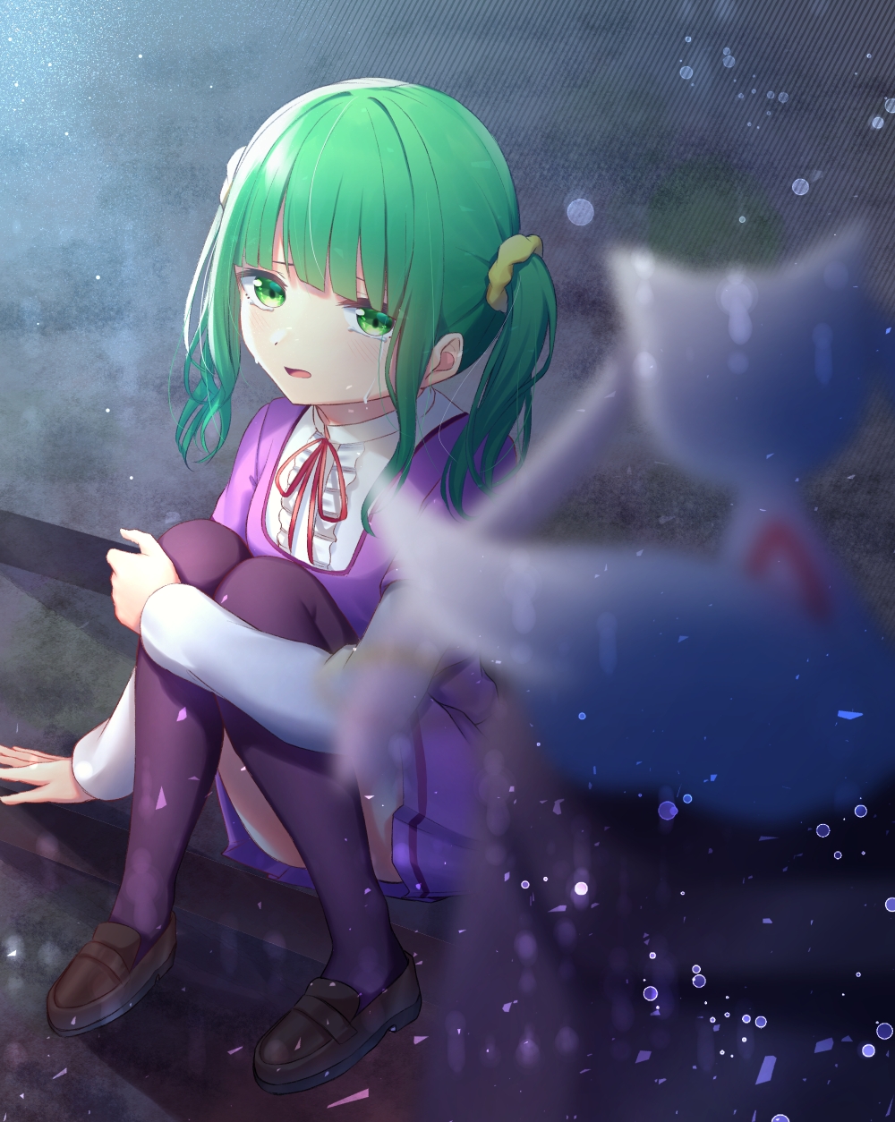 1girl black_legwear blurry_foreground brown_footwear dress dress_shirt green_eyes green_hair hair_intakes hair_ornament hair_scrunchie highres kyubey loafers long_hair long_sleeves magia_record:_mahou_shoujo_madoka_magica_gaiden mahou_shoujo_madoka_magica neck_ribbon open_mouth purple_dress red_ribbon ribbon rin-eri-m0218 scrunchie shiny shiny_hair shirt shoes short_dress short_over_long_sleeves short_sleeves sitting solo thigh-highs twintails white_shirt yellow_scrunchie zettai_ryouiki