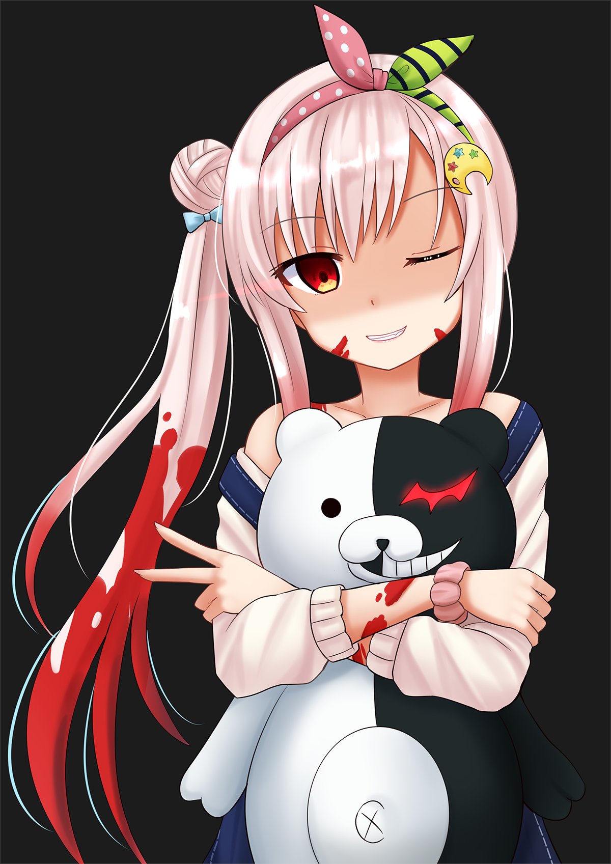 1girl airani_iofifteen arm_scrunchie black_background blood blood_on_face blood_stain dangan_ronpa dark_persona hair_ornament hair_ribbon hairband hairclip highres hololive hololive_indonesia hug kazenokaze monokuma off-shoulder_sweater off_shoulder one_eye_closed overalls parted_lips pink_hair red_eyes ribbon shaded_face side_bun side_ponytail simple_background smile sweater upper_body v virtual_youtuber