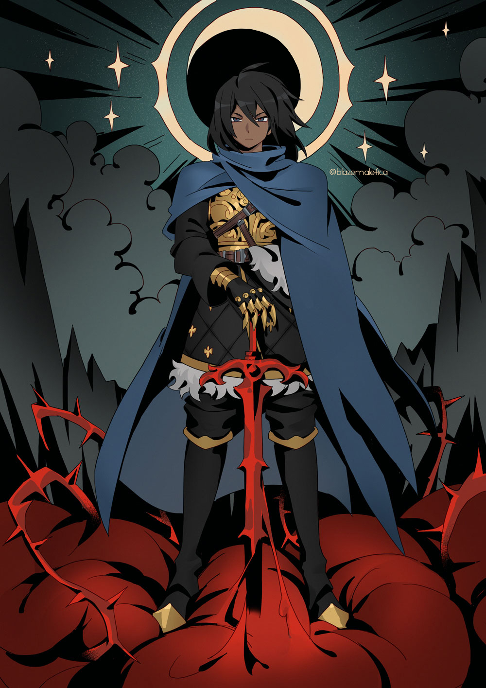 1boy ahoge armor belt black_footwear black_gloves black_hair blazemalefica blue_cape blue_eyes breastplate cape claw_(weapon) closed_mouth clouds crescent_moon dark-skinned_male dark_skin fantasy fur_trim gloves gold_armor hair_between_eyes hand_on_hilt highres holding holding_sword holding_weapon long_hair male_focus moon mountain multicolored_eyes original planted planted_sword red_eyes solo standing star_(sky) sword thorns twitter_username weapon