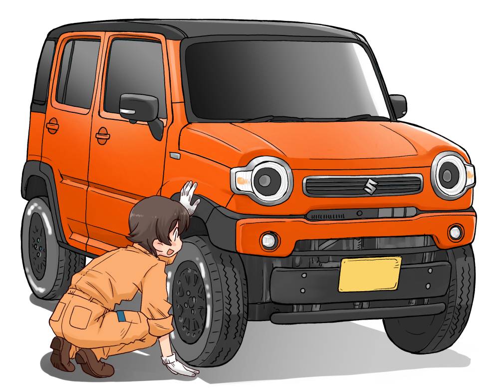 1girl arm_support bangs brown_footwear brown_hair car commentary girls_und_panzer gloves ground_vehicle jumpsuit logo long_sleeves mechanic motor_vehicle nakajima_(girls_und_panzer) open_mouth orange_jumpsuit revision shadow shoes short_hair simple_background smile solo squatting suzuki_(company) suzuki_hustler uniform uona_telepin white_background white_gloves