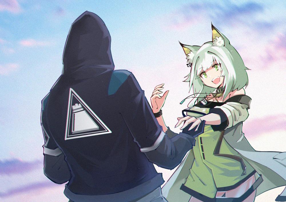 1girl 1other ambiguous_gender animal_ears arknights bare_shoulders cat_ears choker doctor_(arknights) dress green_dress green_eyes green_hair holding_hands hood hooded_jacket jacket jewelry kal'tsit_(arknights) long_sleeves looking_at_another necklace open_mouth pursuit_tiantian short_hair short_sleeves sky