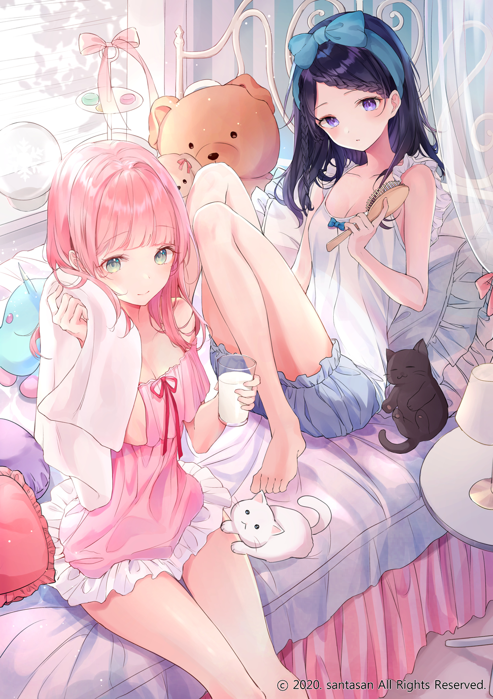 2girls bed black_cat black_hair blue_bow bow breasts brush cat dress green_eyes highres indoors milk multiple_girls nabi_(uz02) official_art pillow pink_hair small_breasts stuffed_animal stuffed_toy teddy_bear towel white_cat white_dress window