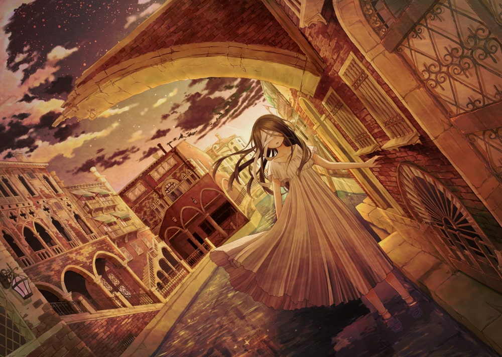 1girl bandages bandages_over_eyes brick_wall brown_hair building city clouds dress dutch_angle full_body long_hair mariyasu open_mouth original outdoors shoes short_sleeves solo standing star_(sky) sundress twilight water white_dress wind wind_lift