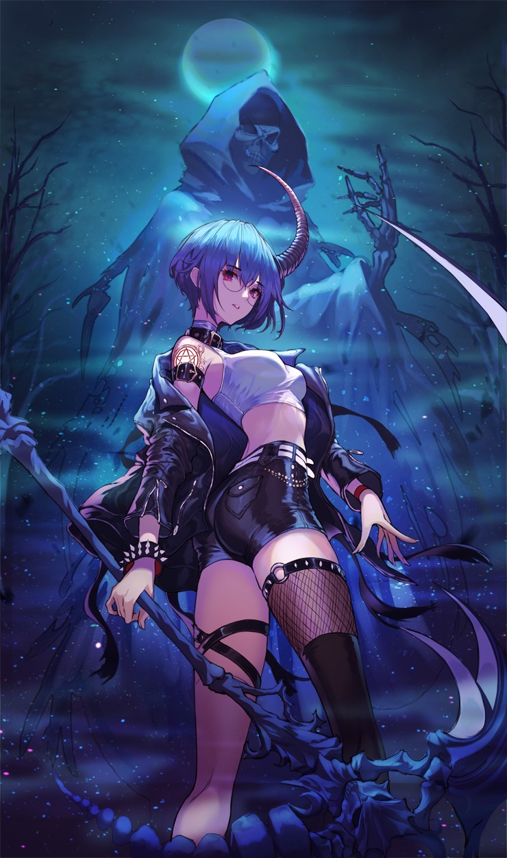 1girl ass bare_shoulders bare_tree belt black_jacket black_legwear black_shorts blue_hair bracelet breasts crescent_moon crop_top glasses highres holding holding_scythe hood horn jacket jewelry looking_at_viewer looking_back medium_breasts midriff moon night off_shoulder open_clothes open_jacket original outdoors parted_lips pro-p red_eyes round_eyewear scythe shirt short_hair short_shorts shorts single_thighhigh skeleton sleeveless sleeveless_shirt sleeveless_turtleneck solo spiked_bracelet spikes standing thigh-highs thighs tree turtleneck white_shirt wristband