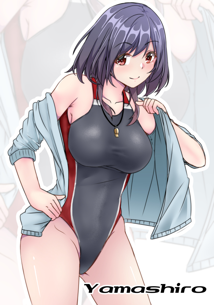 1girl alternate_costume black_hair blue_jacket breasts character_name collarbone commentary_request competition_swimsuit cowboy_shot grey_swimsuit jacket kantai_collection large_breasts leaning_forward one-piece_swimsuit open_clothes open_jacket red_eyes shohei_(piranha5hk) short_hair solo standing swimsuit whistle whistle_around_neck yamashiro_(kantai_collection) zoom_layer