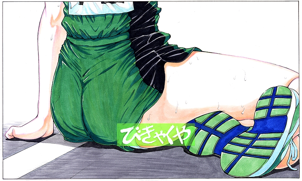 1girl ass colored_pencil_(medium) manpuku marker_(medium) millipen_(medium) no_socks original shoes shorts sneakers sportswear sweat track_and_field traditional_media