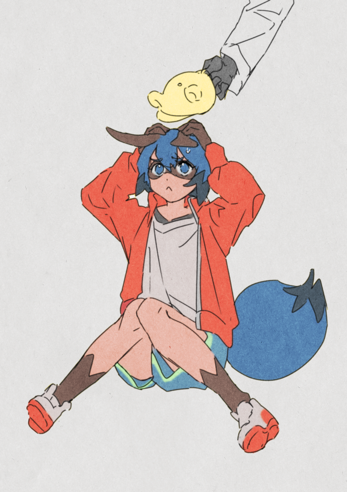 1girl :&lt; animal_ears animal_hat arms_up bangs black_gloves blue_eyes blue_hair brand_new_animal closed_mouth dot_nose eyebrows_visible_through_hair floppy_ears frown full_body furrowed_eyebrows furry gloves grey_background hair_between_eyes hands_on_own_head hat jacket kagemori_michiru knees_together_feet_apart knees_up long_sleeves looking_up multicolored_hair ogami_shirou open_clothes open_jacket out_of_frame popped_collar raccoon_tail red_jacket roku_(tsua-kihuyu) shirt shoe_soles shoes short_hair shorts simple_background sitting sneakers solo_focus sweat tail two-tone_hair yellow_headwear