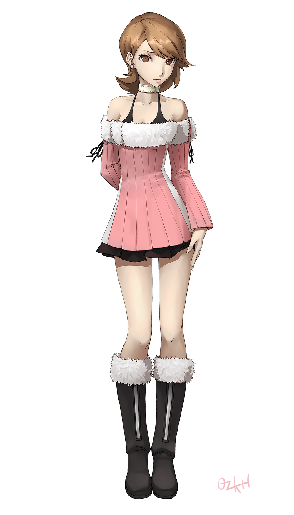 1girl bare_shoulders boots brown_eyes brown_hair collar dress earrings full_body fur_trim highres jewelry light_smile long_hair looking_at_viewer ozkh6 persona persona_3 simple_background solo takeba_yukari white_background