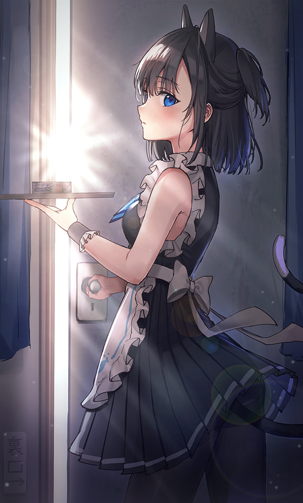 1girl animal_ears apron bangs bare_shoulders black_hair blue_eyes cat_ears cat_tail commentary_request door doorknob eyebrows_visible_through_hair from_side holding looking_at_viewer maid_apron maid_dress medium_hair original pantyhose ran9u solo tail white_apron