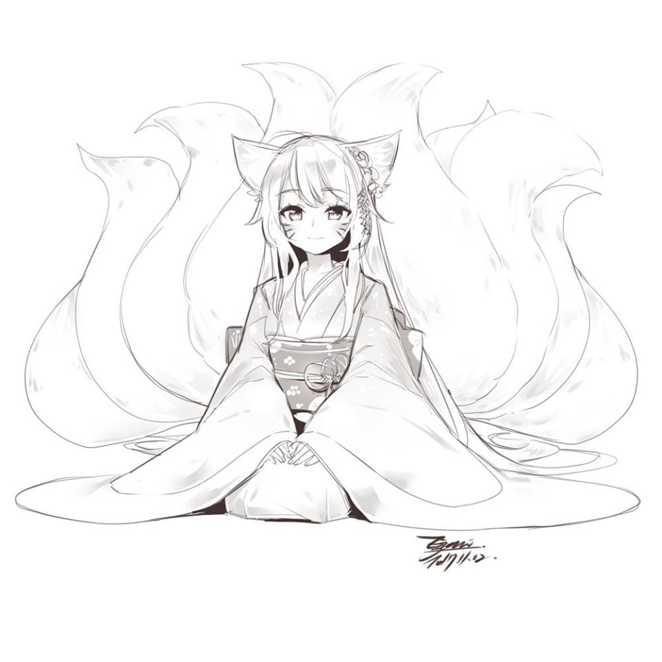 1girl ahri animal_ears blush closed_mouth dated ejami facial_mark fox_ears fox_girl fox_tail greyscale japanese_clothes kimono league_of_legends long_hair looking_at_viewer monochrome multiple_tails signature simple_background smile solo tail whisker_markings white_background