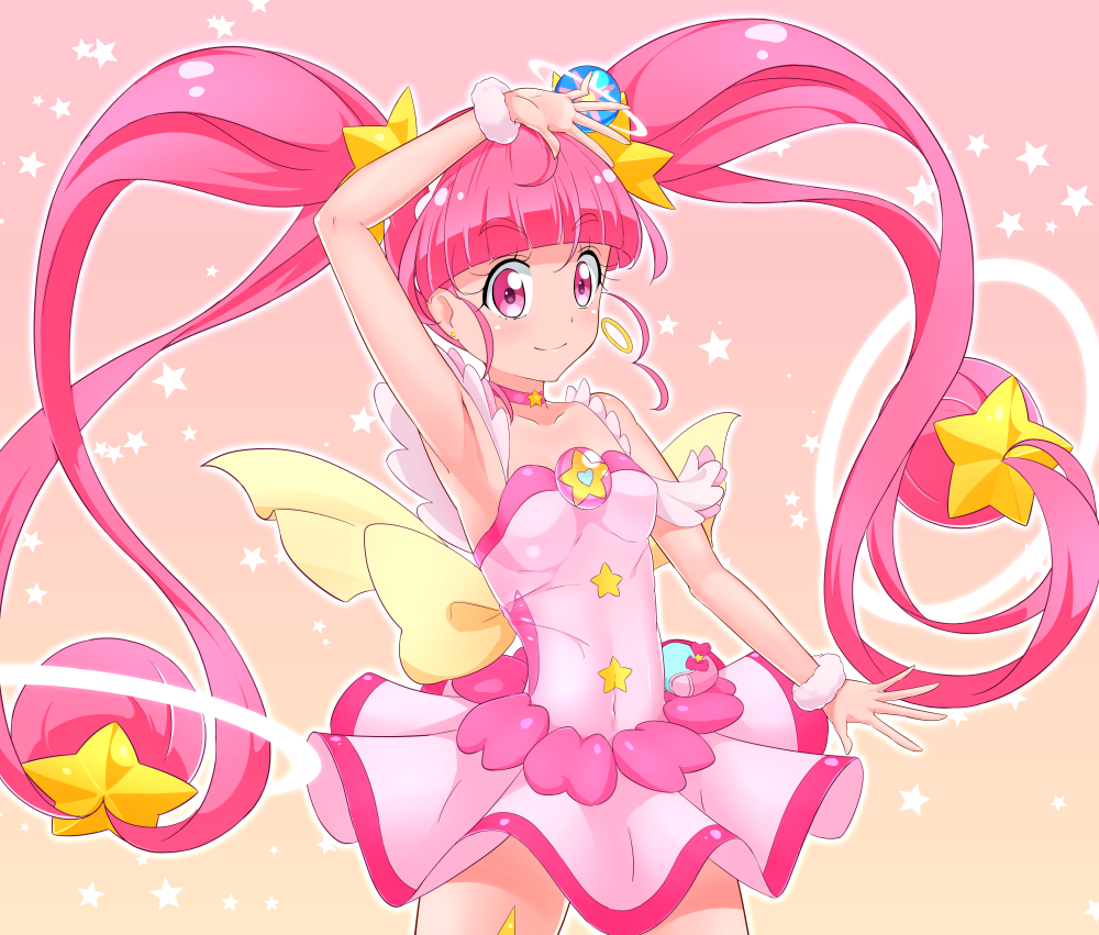 1girl bangs blunt_bangs breasts choker closed_mouth collarbone cowboy_shot cure_star dress eyebrows_visible_through_hair floating_hair hair_ornament hoshina_hikaru long_hair pink_background pink_eyes pink_hair precure ryounoyoni shiny shiny_hair short_dress sleeveless sleeveless_dress small_breasts smile solo standing star star_hair_ornament star_twinkle_precure twintails very_long_hair white_dress wrist_cuffs