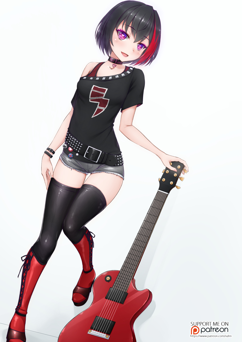 1girl :d bang_dream! bare_shoulders belt belt_buckle black_belt black_collar black_hair black_legwear black_shirt blush boots breasts buckle collar cross-laced_footwear cutoffs dutch_angle electric_guitar grey_background grey_shorts guitar heart heart-shaped_pupils highres instrument knee_boots lace-up_boots lock looking_at_viewer mitake_ran multicolored_hair off_shoulder open_mouth padlock padlocked_collar red_footwear redhead shirt short_hair short_shorts short_sleeves shorts small_breasts smile solo streaked_hair studded_belt symbol-shaped_pupils thigh-highs thighhighs_under_boots vahn_yourdoom violet_eyes watermark web_address