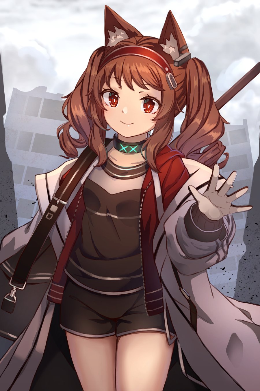 1girl angelina_(arknights) animal_ear_fluff animal_ears arknights bangs black_collar black_shirt black_shorts brown_eyes brown_hair closed_mouth collar day eyebrows_visible_through_hair gloves glowing hairband hand_up highres holding jacket long_hair long_sleeves miya_(pixiv15283026) open_clothes open_jacket outdoors puffy_long_sleeves puffy_sleeves red_hairband shirt short_shorts shorts sleeves_past_wrists smile solo standing twintails white_gloves white_jacket
