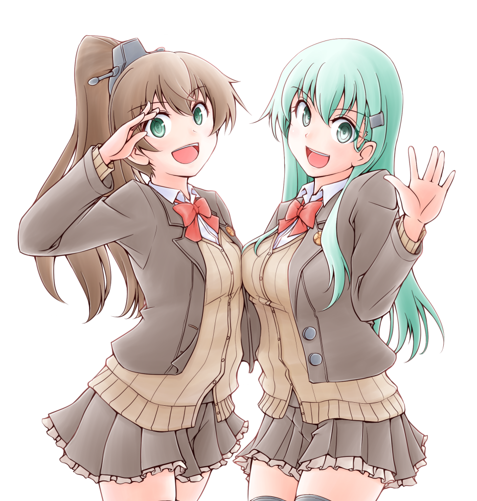 2girls aqua_eyes aqua_hair bangs blazer blue_eyes brown_cardigan brown_hair brown_jacket brown_legwear brown_skirt cardigan collared_shirt commentary_request eyebrows_visible_through_hair hair_ornament hairclip jacket kantai_collection kumano_(kantai_collection) long_hair long_sleeves looking_at_viewer meihemu multiple_girls open_blazer open_clothes open_jacket open_mouth pleated_skirt ponytail remodel_(kantai_collection) school_uniform shirt simple_background skirt smile suzuya_(kantai_collection) thigh-highs white_background white_shirt