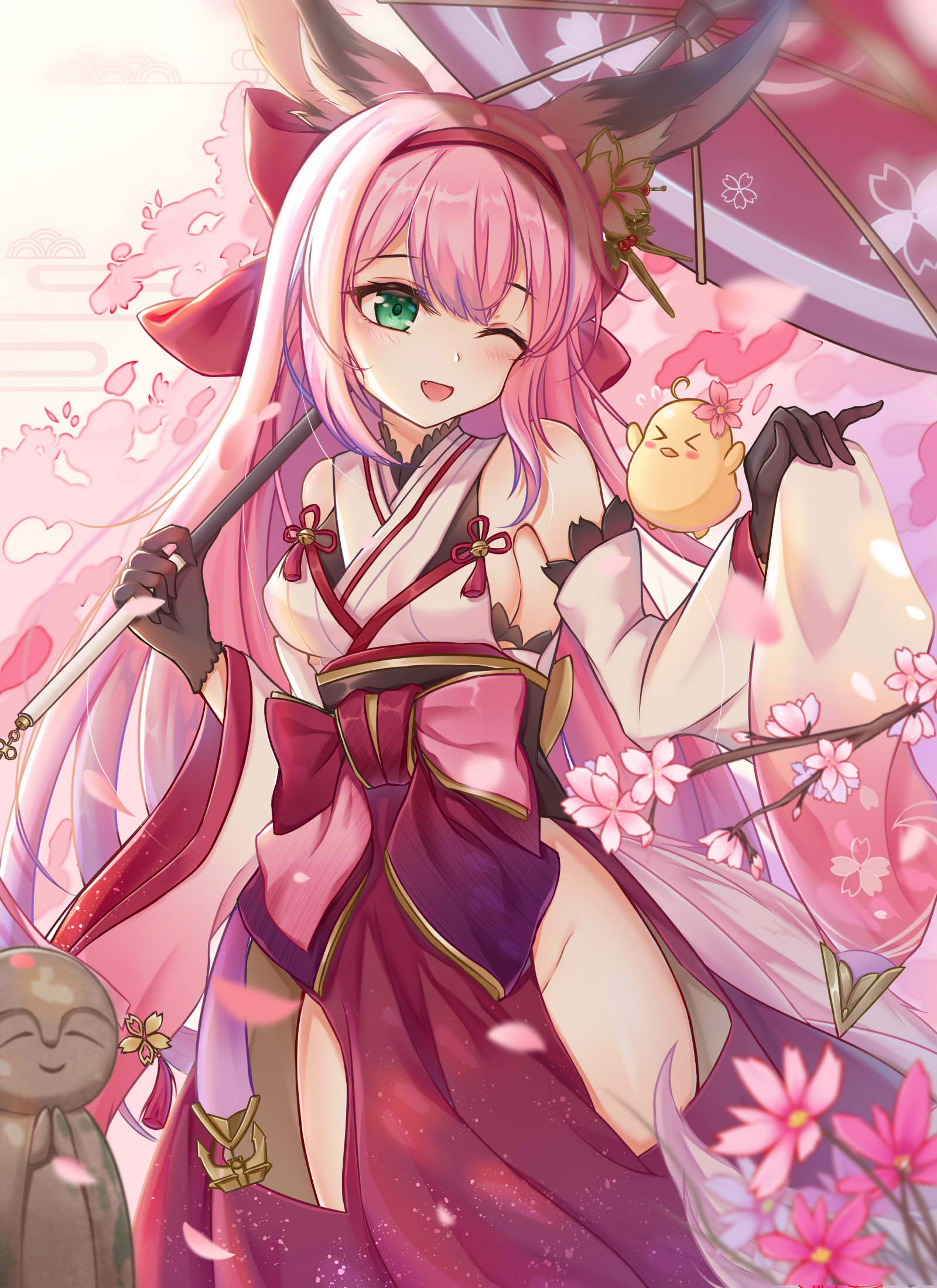 1girl animal_ear_fluff animal_ears azur_lane bare_shoulders blush breasts cherry_blossoms eyebrows_visible_through_hair flower fox_ears fox_girl fox_tail gloves green_eyes hair_between_eyes hair_flower hair_ornament hairband hanazuki_(azur_lane) highres holding holding_umbrella japanese_clothes kimono long_hair long_sleeves looking_at_viewer manjuu_(azur_lane) no_panties one_eye_closed open_mouth pink_hair print_umbrella ribbon small_breasts smile tail thighs umbrella vincente wide_sleeves