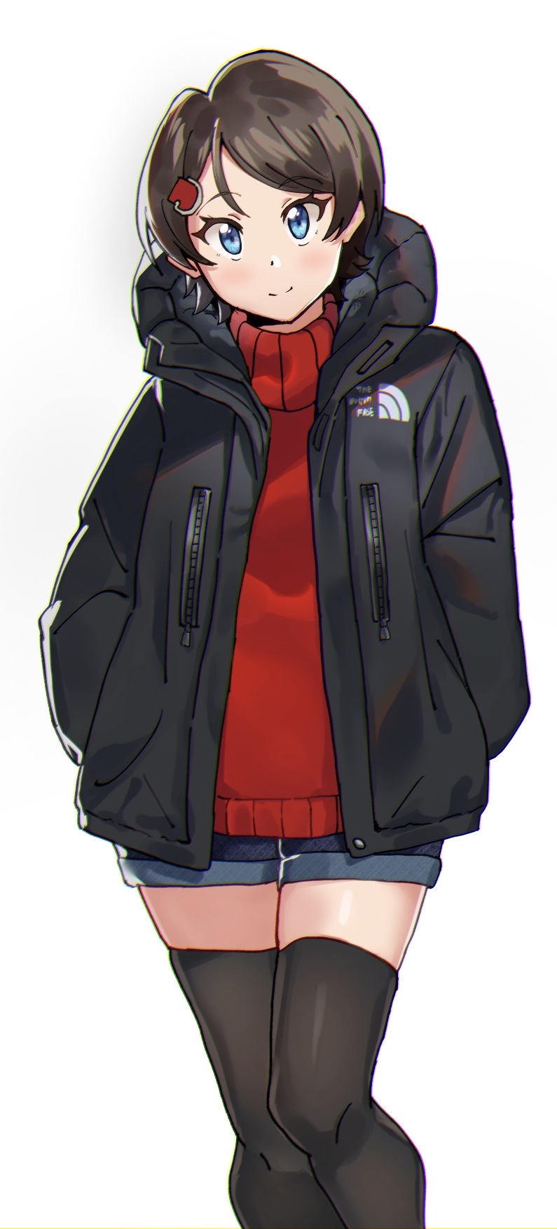 1girl arigiep blue_eyes brown_hair coat hands_in_pockets highres jacket namiko red_sweater short_hair shorts solo ssss.gridman sweater thigh-highs winter_clothes winter_coat