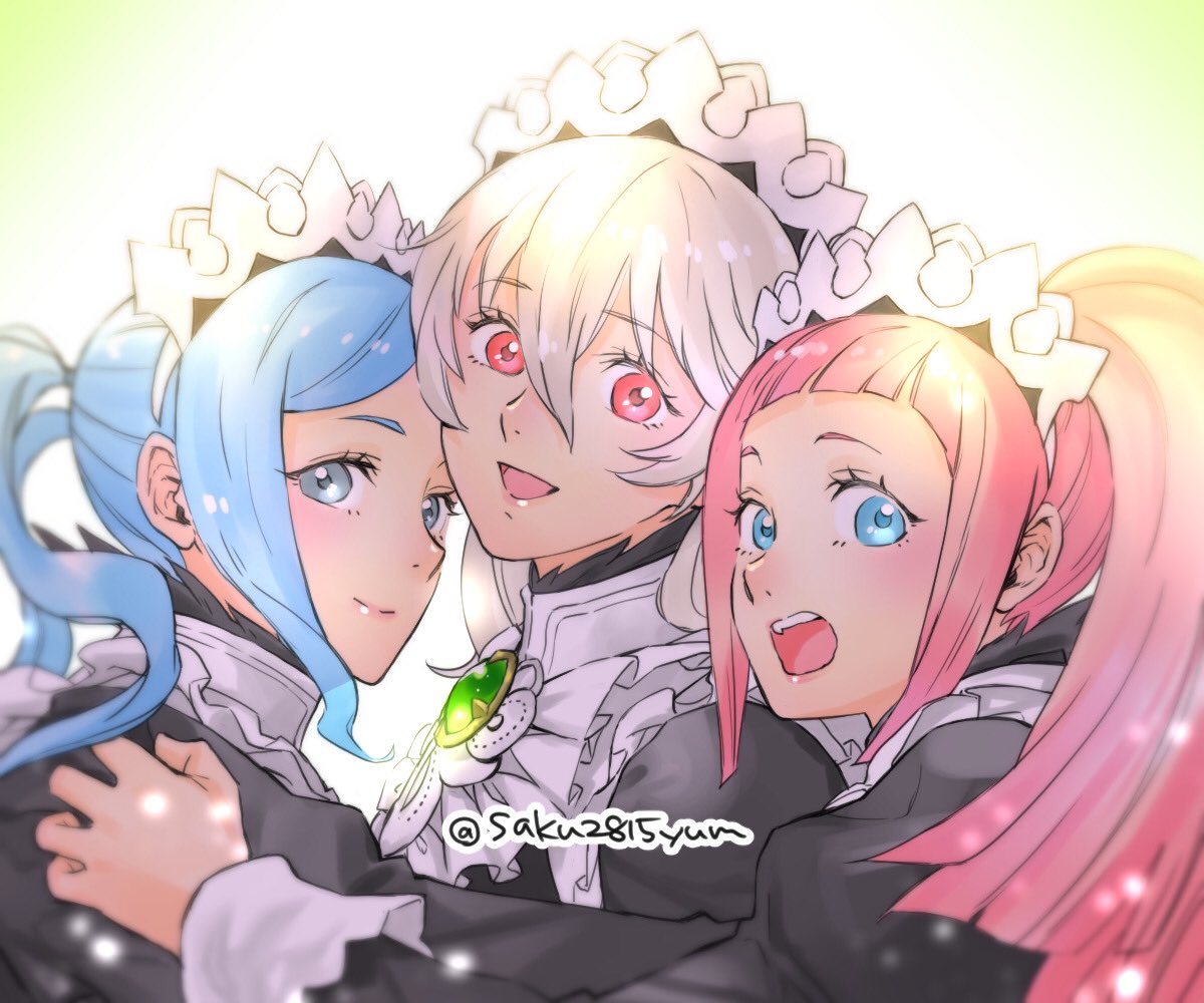 3girls blue_eyes blue_hair closed_mouth corrin_(fire_emblem) corrin_(fire_emblem)_(female) felicia_(fire_emblem) fire_emblem fire_emblem_fates flora_(fire_emblem) from_side gem long_hair long_sleeves looking_to_the_side maid maid_headdress multiple_girls open_mouth pink_hair ponytail red_eyes siblings sisters tombsakura twintails twitter_username upper_body white_hair