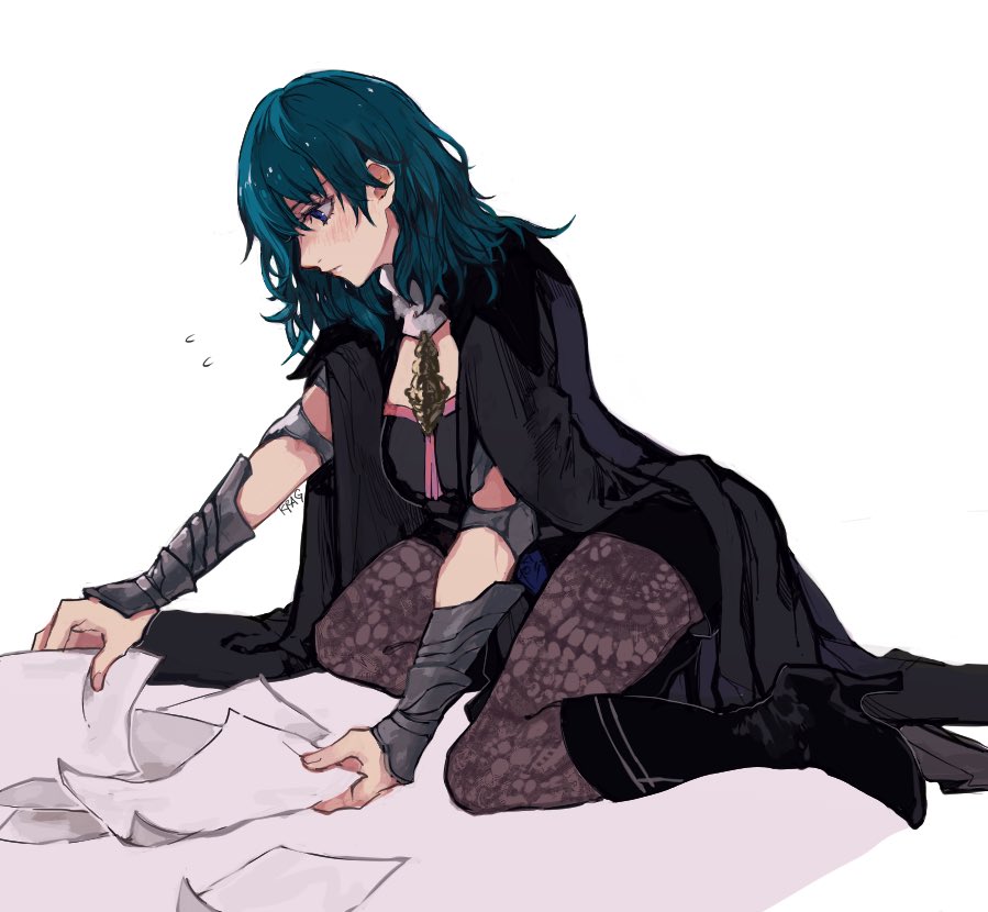 1220chamomile 1girl armor black_shorts blue_eyes blue_hair boots byleth_(fire_emblem) byleth_eisner_(female) closed_mouth fire_emblem fire_emblem:_three_houses high_heel_boots high_heels pantyhose paper shorts simple_background solo white_background