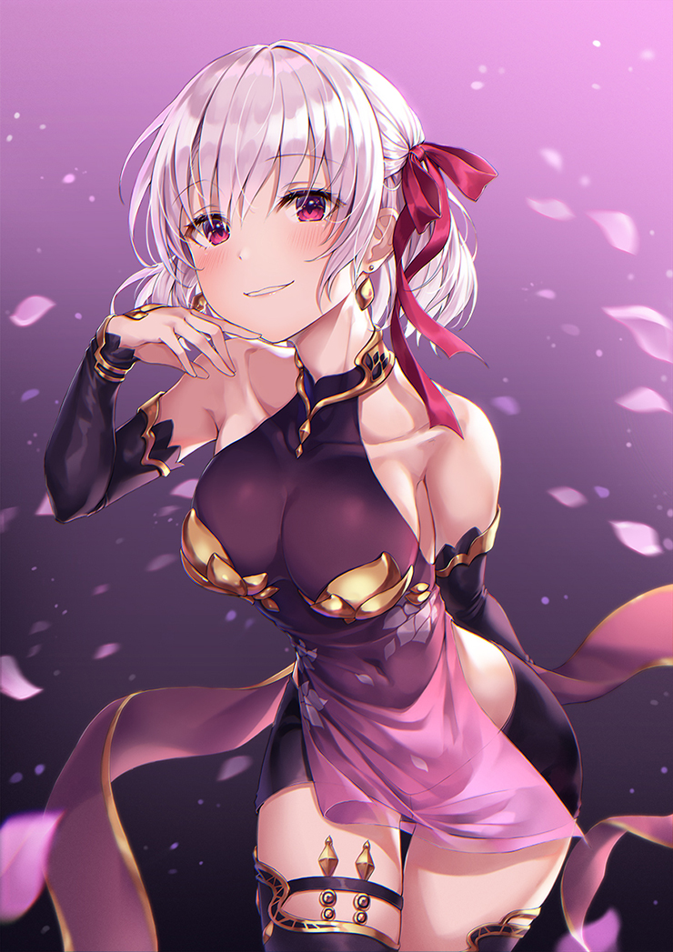 1girl arm_behind_back armlet bangs bare_shoulders black_shorts blush breasts collarbone cowboy_shot detached_sleeves dress earrings eyebrows_visible_through_hair fate/grand_order fate_(series) gold_trim hair_between_eyes hair_ribbon hand_up jewelry kama_(fate/grand_order) leaning_forward looking_at_viewer medium_breasts navel parted_lips pelvic_curtain petals purple_dress r_o_ha red_eyes red_ribbon ribbon short_hair shorts sidelocks sleeveless smile solo thigh-highs