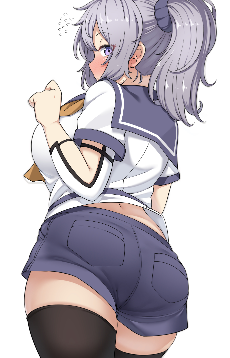 1girl aoba_(kantai_collection) ass black_legwear blue_scrunchie blue_shorts breasts commentary_request cowboy_shot from_behind grey_hair highres kantai_collection large_breasts messy_hair neckerchief ponytail ryuun_(stiil) school_uniform scrunchie serafuku shirt short_shorts shorts solo thigh-highs violet_eyes white_shirt yellow_neckwear