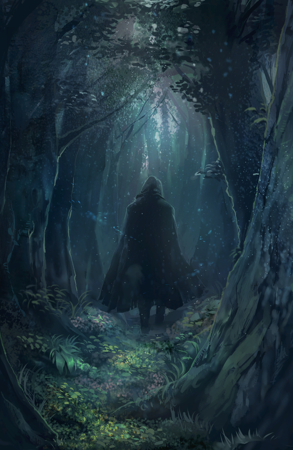 1boy cloak fate/extra fate_(series) forest from_behind grass highres hood hooded_cloak male_focus nature robin_hood_(fate) tree walking_away
