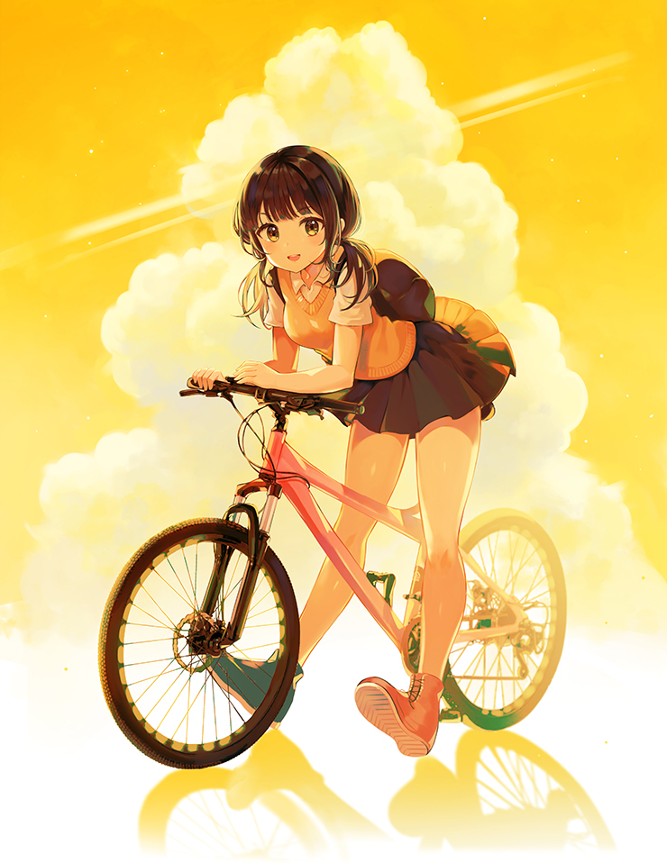 1girl backpack bag bare_legs bicycle black_skirt breasts brown_eyes brown_hair clouds ground_vehicle leaning_forward long_hair looking_at_viewer low_twintails medium_breasts miniskirt mismatched_footwear open_mouth original reflection school_uniform shirt shoes short_sleeves skirt smile solo sweater_vest thighs tokkyu twintails white_shirt wing_collar yellow_background yellow_theme