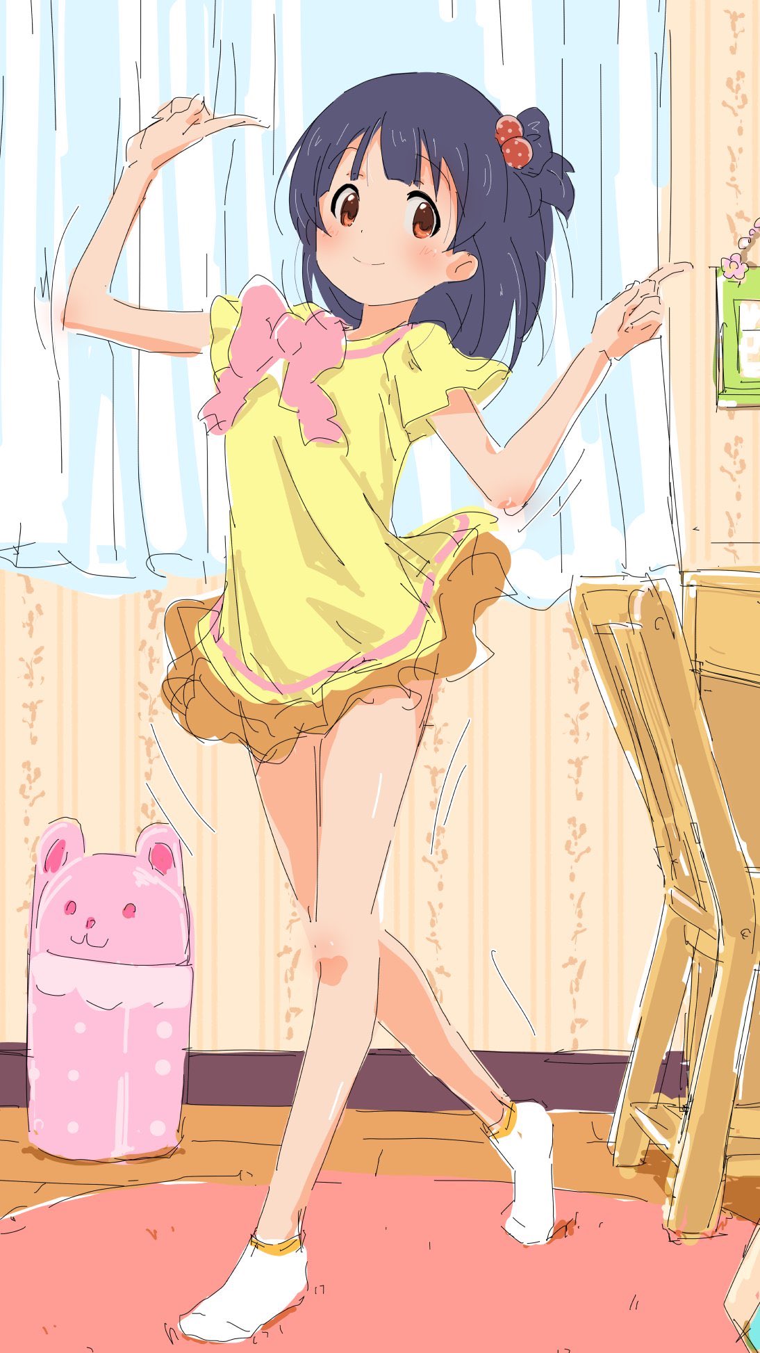 1girl ankle_socks bare_legs blue_hair bow brown_eyes hair_bobbles hair_ornament highres idolmaster idolmaster_million_live! idolmaster_million_live!_theater_days indoors looking_at_viewer nakatani_iku pink_bow pink_neckwear pointing pointing_up shirt short_hair short_ponytail short_sleeves side_ponytail sketch skinny solo sumitomo white_legwear yellow_shirt