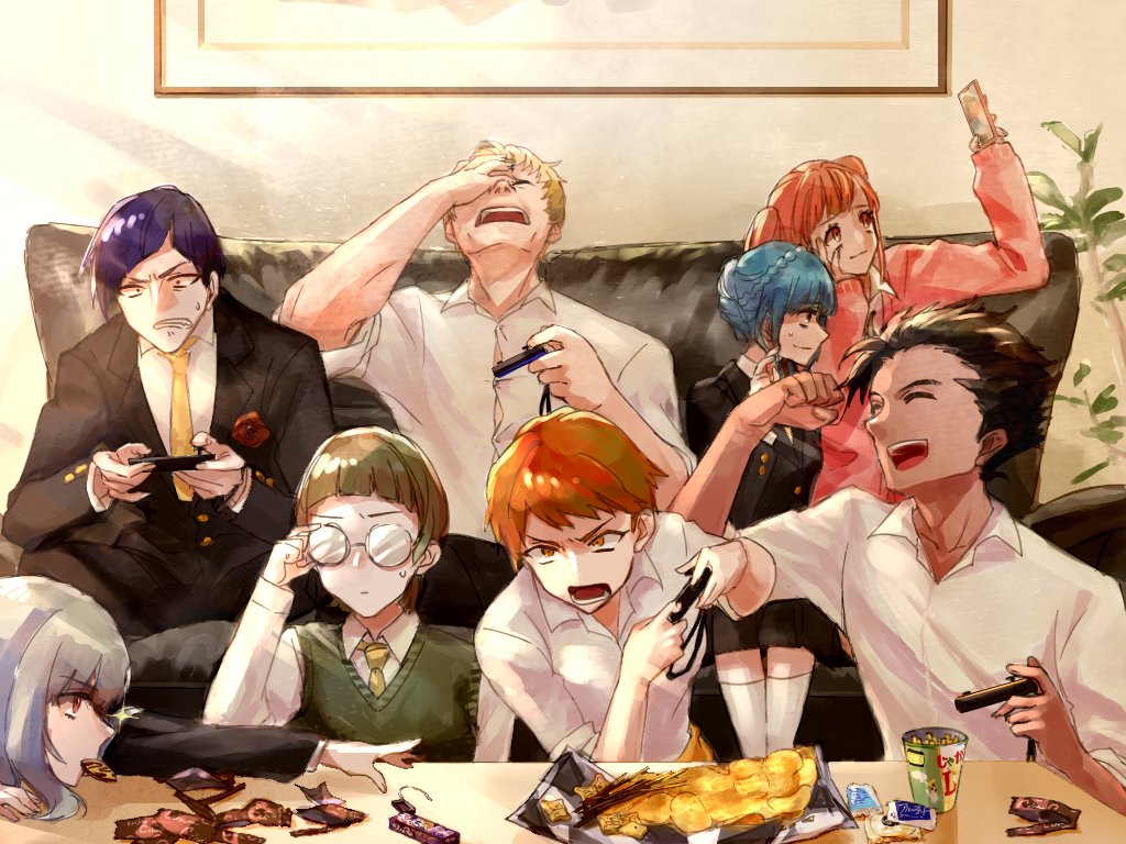 4boys 4girls alternate_costume blonde_hair braid brown_hair cellphone chips claude_von_riegan clenched_teeth closed_eyes closed_mouth cookie couch crown_braid dark_skin dark_skinned_male fire_emblem fire_emblem:_three_houses food food_in_mouth glasses green_hair hilda_valentine_goneril holding holding_phone ignatz_victor kontaro0 leonie_pinelli long_hair long_sleeves looking_to_the_side lorenz_hellman_gloucester lysithea_von_ordelia marianne_von_edmund multiple_boys multiple_girls necktie open_mouth orange_eyes orange_hair phone pink_eyes pink_hair potato_chips purple_hair raphael_kirsten short_hair short_sleeves sitting skirt smartphone table teeth twintails white_hair white_legwear