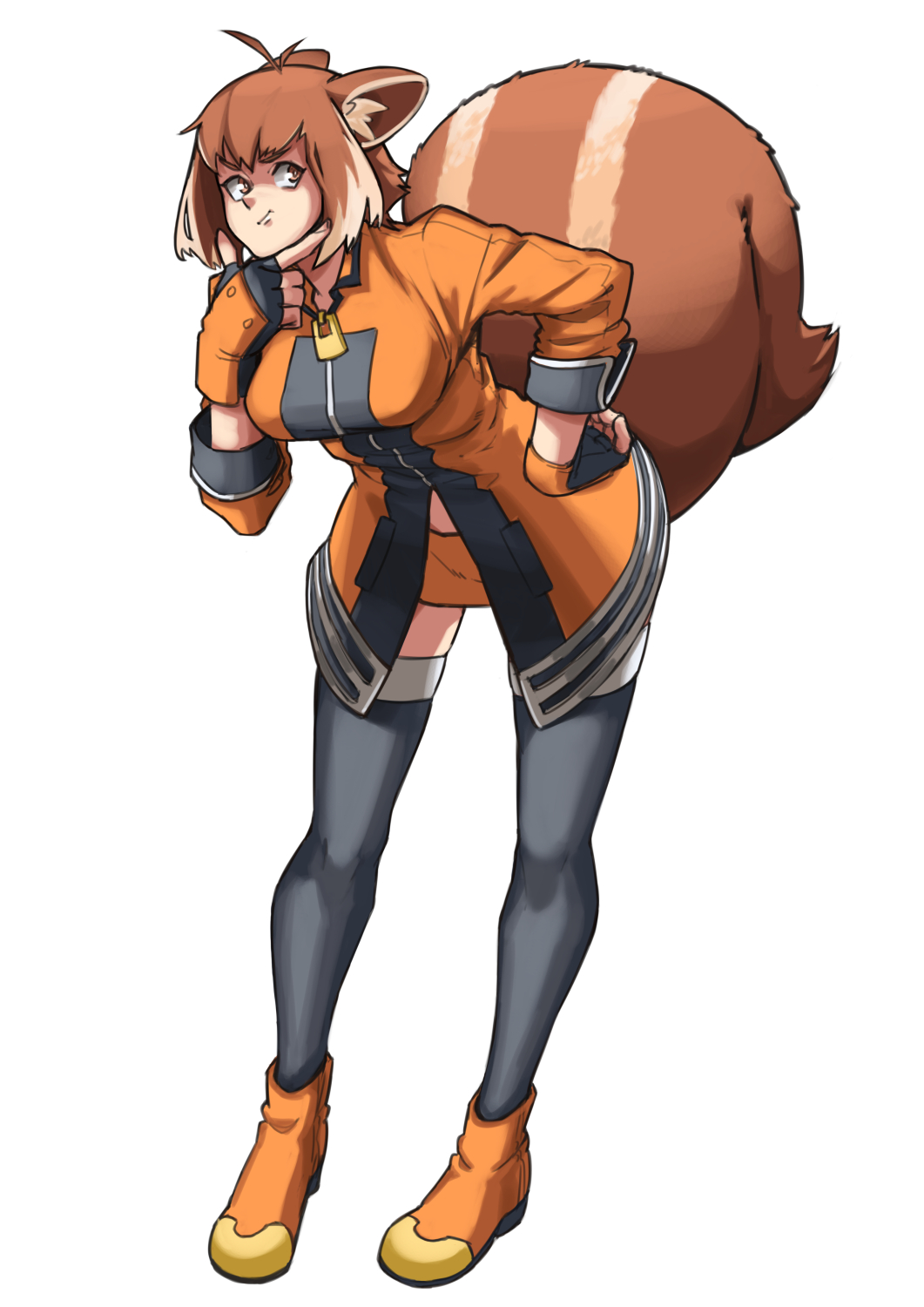 1girl animal_ears bangs black_legwear blazblue brown_eyes brown_hair fingerless_gloves full_body gloves hand_on_hip highres imdsound leaning_forward long_sleeves makoto_nanaya multicolored_hair orange_footwear orange_gloves orange_skirt shoes short_hair simple_background skirt solo squirrel_ears squirrel_girl squirrel_tail standing tail thigh-highs two-tone_hair white_background zipper zipper_pull_tab