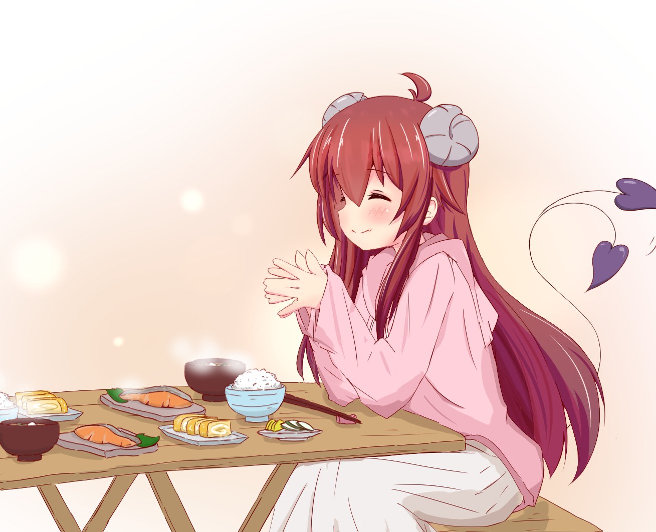 1girl ahoge blush bowl brown_hair chopsticks demon_girl demon_horns demon_tail eyebrows_visible_through_hair food horns long_hair long_sleeves machikado_mazoku rice_bowl skirt sqz306 sushi tail tail_wagging yoshida_yuuko_(machikado_mazoku)