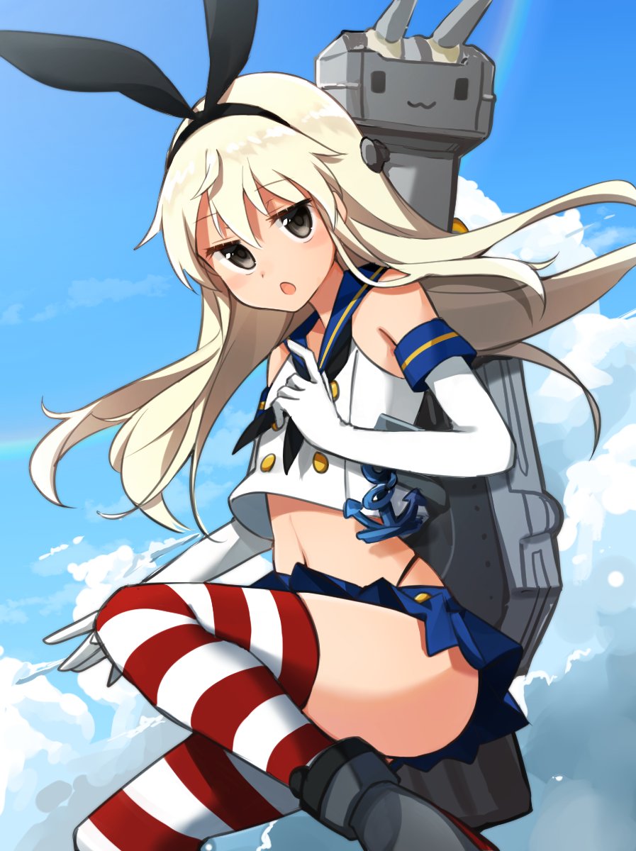 1girl 1other black_hairband black_panties blonde_hair blue_sailor_collar blue_skirt blue_sky clouds crop_top elbow_gloves gloves grey_eyes hairband highleg highleg_panties highres kantai_collection katsuobushi_(eba_games) long_hair looking_at_viewer microskirt midriff miniskirt navel open_mouth panties pleated_skirt rensouhou-chan sailor_collar shimakaze_(kantai_collection) skirt sky striped striped_legwear thigh-highs underwear white_gloves