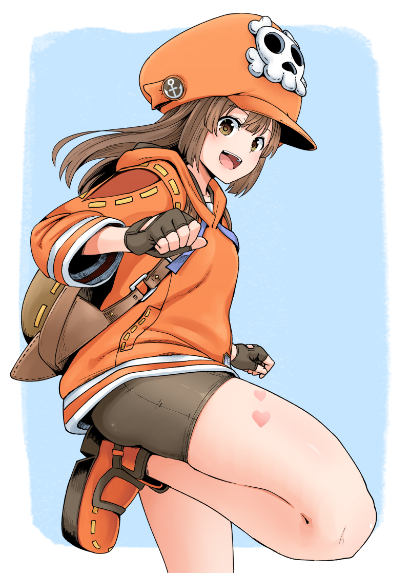 1girl ankle_boots backpack bag bike_shorts black_gloves blue_background boots border breasts brown_eyes brown_hair cabbie_hat commentary_request fingerless_gloves gloves guilty_gear guilty_gear_strive hat heart hood hood_down long_hair looking_at_viewer may_(guilty_gear) open_mouth orange_hoodie outside_border ponkotsu running skull_and_crossbones small_breasts smile solo white_border