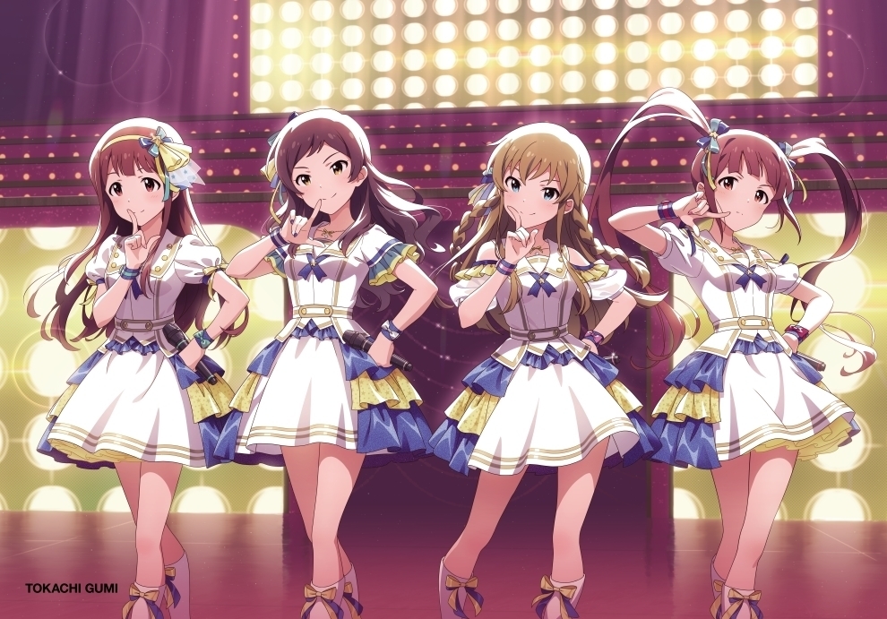 4girls bangs blue_eyes boots bow braid brown_eyes brown_hair concert dress finger_to_mouth hair_bow hair_ribbon hairband holding holding_microphone idolmaster idolmaster_million_live! kitazawa_shiho knee_boots kousaka_umi long_hair matsuda_arisa microphone multiple_girls parted_bangs puffy_short_sleeves puffy_sleeves ribbon short_sleeves side_braid stage stage_lights tanaka_kotoha tied_hair tokachi_gumi twin_braids twintails wrist_cuffs yellow_eyes