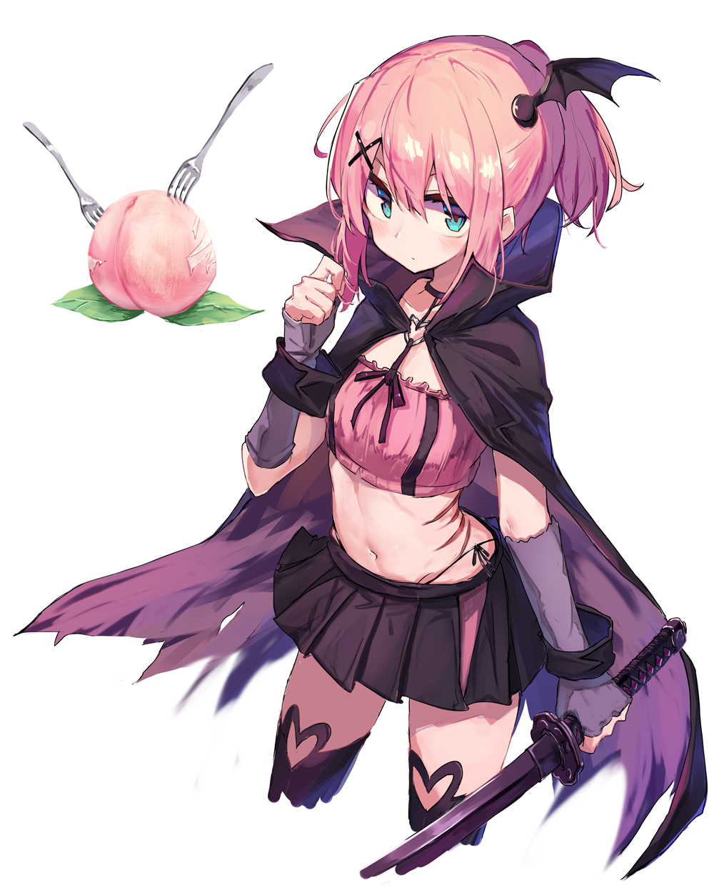 1girl bat_wings beize_(garbage) cape chiyoda_momo crop_top elbow_gloves fingerless_gloves food fork fruit gloves hair_ornament hairclip halter_top halterneck highres machikado_mazoku midriff miniskirt navel panties peach pink_hair scar shiny shiny_hair short_hair side-tie_panties simple_background skirt solo sword thigh-highs underwear weapon white_background wings