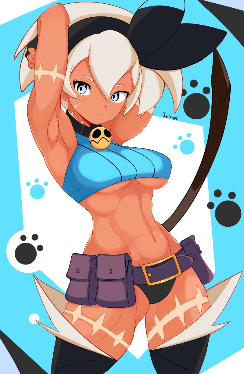1girl armpits arms_up bell bell_collar belt belt_pouch black_hairband black_panties blue_eyes breasts cat_tail collar cosplay dark_skin dejaguar detached_leggings grey_hair hair_between_eyes hairband highres medium_breasts ms._fortune_(skullgirls) ms._fortune_(skullgirls)_(cosplay) navel panties pokemon pokemon_(game) pokemon_swsh pouch saitou_(pokemon) scar skullgirls solo standing stomach tail teenage thick_thighs thighs tomboy toned under_boob underwear young