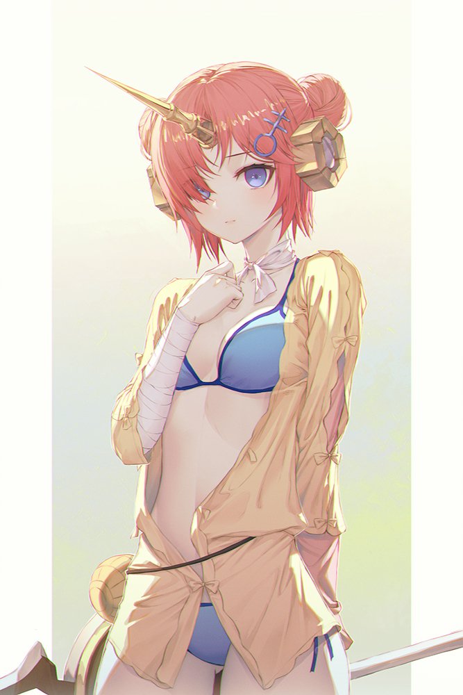 1girl ass_visible_through_thighs bandaged_arm bandages bikini blue_bikini blue_eyes breasts choker closed_mouth cowboy_shot double_bun fate/grand_order fate_(series) frankenstein's_monster_(fate) frankenstein's_monster_(swimsuit_saber)_(fate) gradient gradient_background hair_ornament hand_up hiera12 horn jacket looking_at_viewer medium_breasts open_clothes open_jacket redhead short_hair side-tie_bikini solo standing stomach swimsuit yellow_jacket