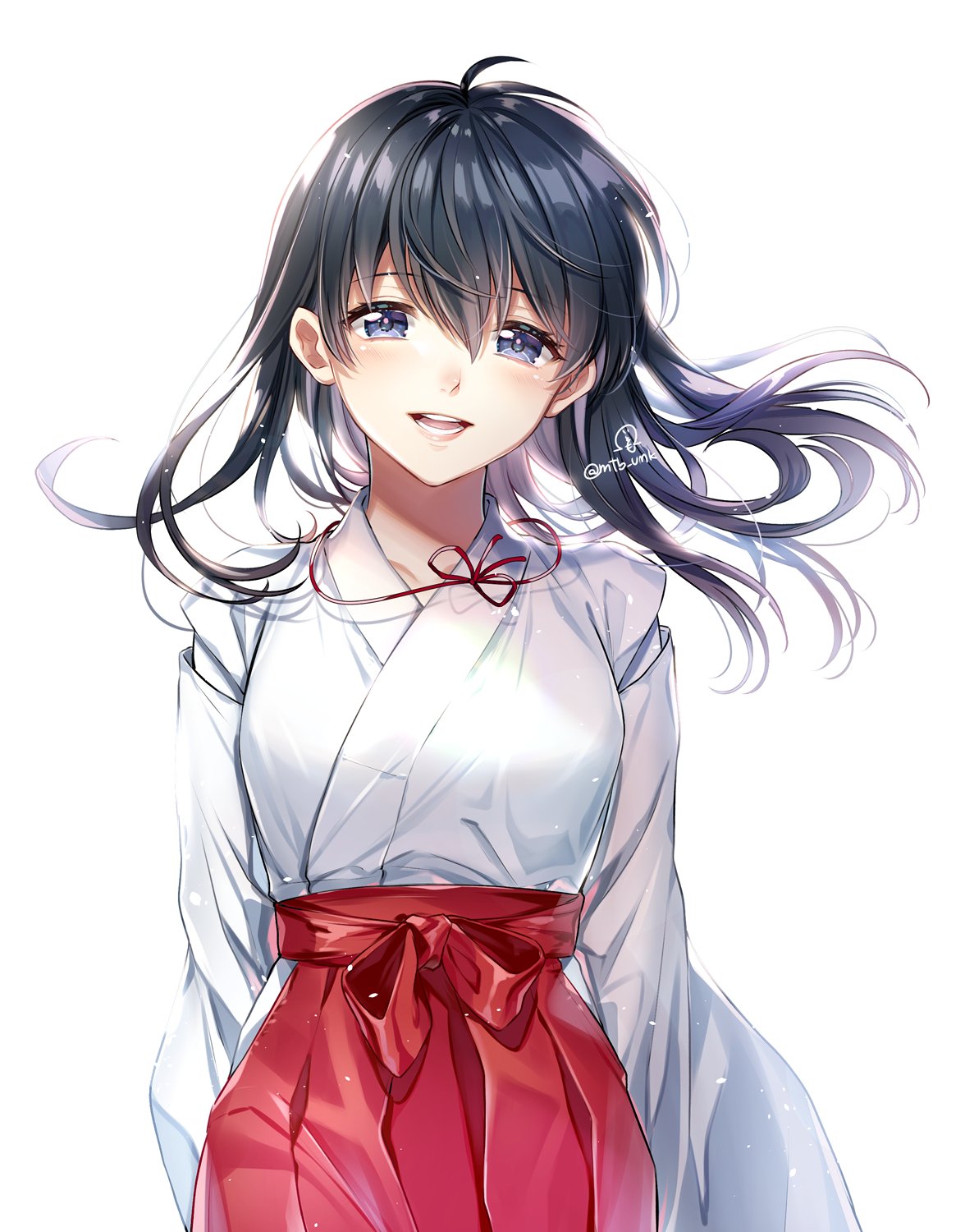 1girl bangs black_hair blue_eyes breasts cowboy_shot floating_hair hakama highres higurashi_kagome inuyasha japanese_clothes kimono long_hair long_sleeves looking_at_viewer miko motobi_(mtb_umk) red_hakama red_ribbon ribbon simple_background smile solo white_background white_kimono