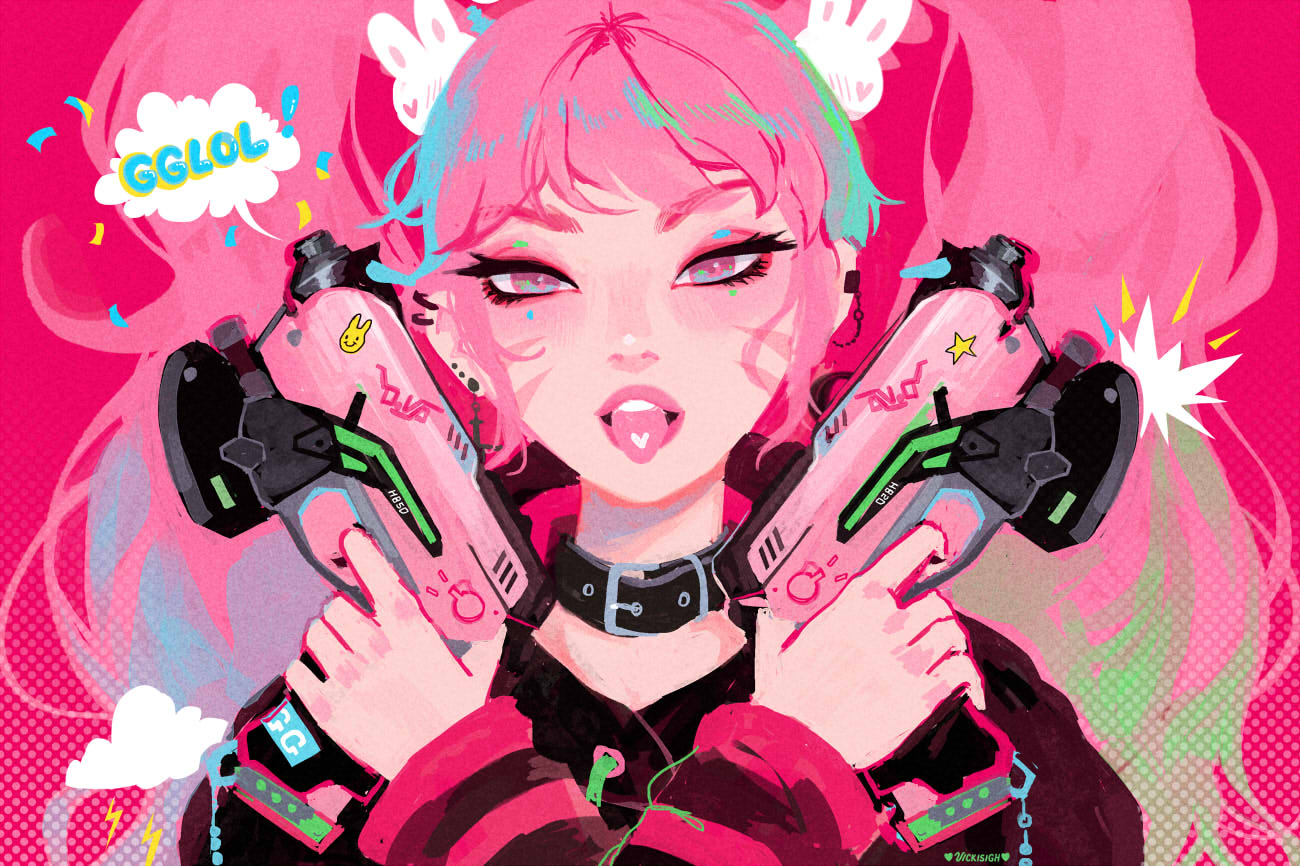 1girl :p alternate_hair_color alternate_hairstyle blue_hair bunny_hair_ornament collar commentary cross cross_earrings crossed_arms d.va_(overwatch) dual_wielding ear_clip earrings english_commentary english_text eyeliner eyeshadow gun hair_ornament handgun holding holding_gun holding_weapon jewelry long_hair makeup multicolored_hair overwatch pink_eyes pink_eyeshadow pink_hair pistol solo speech_bubble streaked_hair tongue tongue_out twintails two-tone_hair vicki_tsai weapon