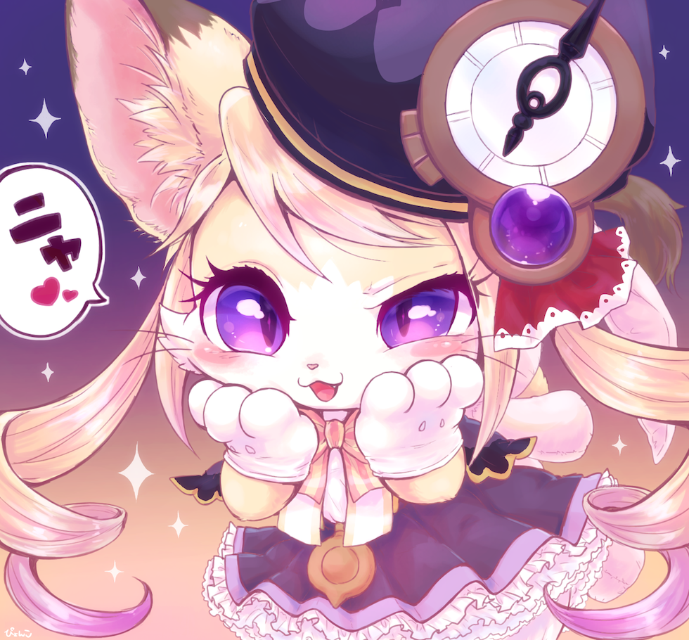 1boy :3 artist_name blonde_hair blush bow bowtie cat_busters cat_tail chrona_(cat_busters) clock commentary_request dress fang furry gloves gradient gradient_background hands_on_own_face hat heart looking_at_viewer open_mouth otoko_no_ko pyon_ko slit_pupils solo sparkle_print spoken_heart tail twintails violet_eyes whiskers