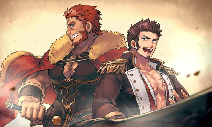 01rosso 2boys abs armor bara beard blue_eyes brown_hair cape chest epaulettes facial_hair fate/grand_order fate_(series) fighting_stance huge_weapon leather long_sleeves looking_at_another male_focus multiple_boys muscle napoleon_bonaparte_(fate/grand_order) open_clothes open_mouth pectorals red_eyes redhead rider_(fate/zero) scar sideburns simple_background smile smirk sword weapon