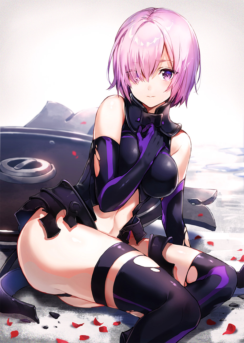 1girl arisaka_ako arm_support ass bangs bare_shoulders between_breasts black_legwear blush breasts broken closed_mouth commentary_request elbow_gloves eyebrows_visible_through_hair eyes_visible_through_hair fate/grand_order fate_(series) faulds gloves gorget hair_over_one_eye hand_between_breasts hand_on_own_chest highres large_breasts looking_at_viewer mash_kyrielight petals purple_hair revision shield short_hair sitting sleeveless solo stomach thigh-highs torn_clothes torn_legwear violet_eyes white_background