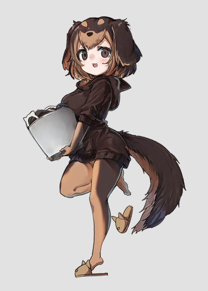 1girl :3 animal_ears blush brown_dress brown_eyes brown_gloves brown_hair brown_legwear commentary_request dachshund_(kemono_friends)_(nyifu) dog_ears dog_girl dog_tail dress elbow_gloves eyebrows_visible_through_hair fang full_body gloves kemono_friends laundry laundry_basket light_brown_hair multicolored_hair nyifu open_mouth original pantyhose short_sleeves slippers solo standing standing_on_one_leg sweater sweater_dress tail tiptoes two-tone_gloves two-tone_hair two-tone_legwear