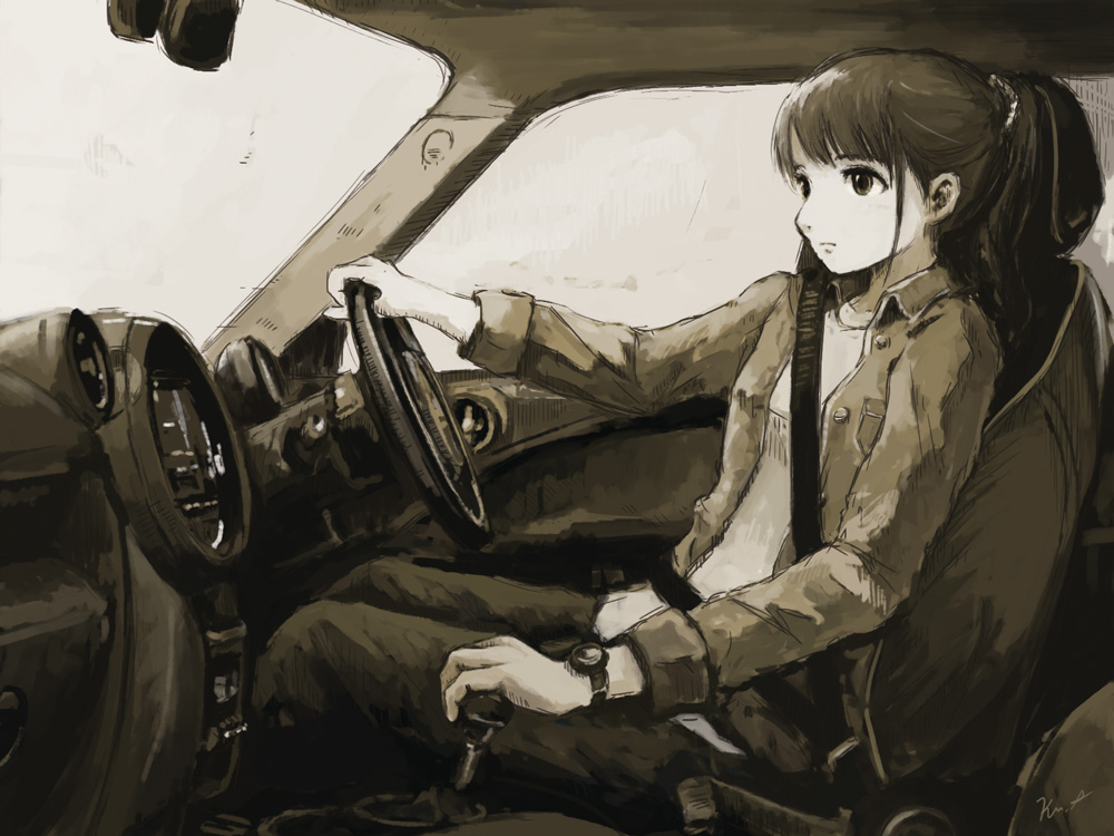 1girl car_interior driving jacket kensight328 original ponytail seatbelt sepia solo steering_wheel watch watch