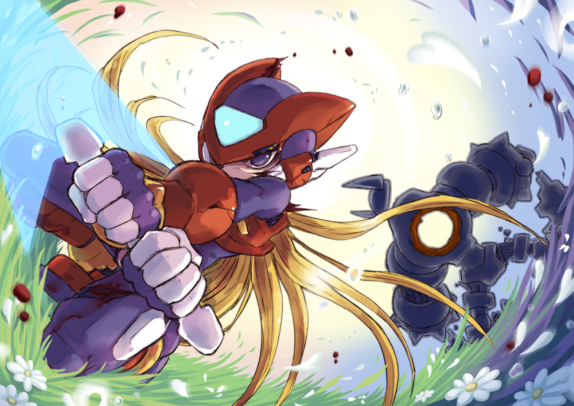 1boy blonde_hair blood blood_drop blood_on_face blood_on_leg energy_sword flower grass holding holding_weapon hole_on_body kneeling long_hair nasu_(roda_de_estrela) robot rockman rockman_zero sword violet_eyes weapon